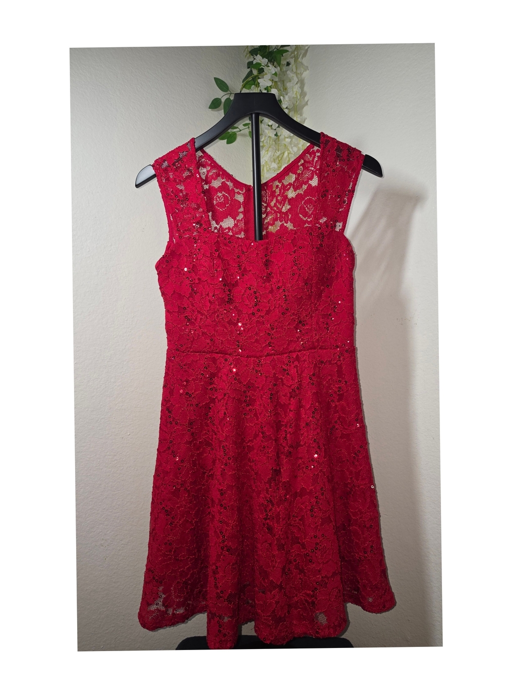 Red Lace Sequin Mini Dress - Sleeveless Scoop Neck